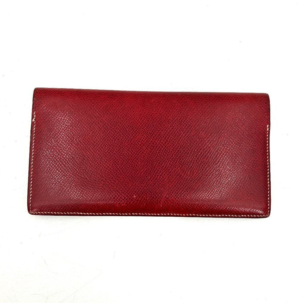 HERMES Red Leather Courchevel Fold Over Long Wallet